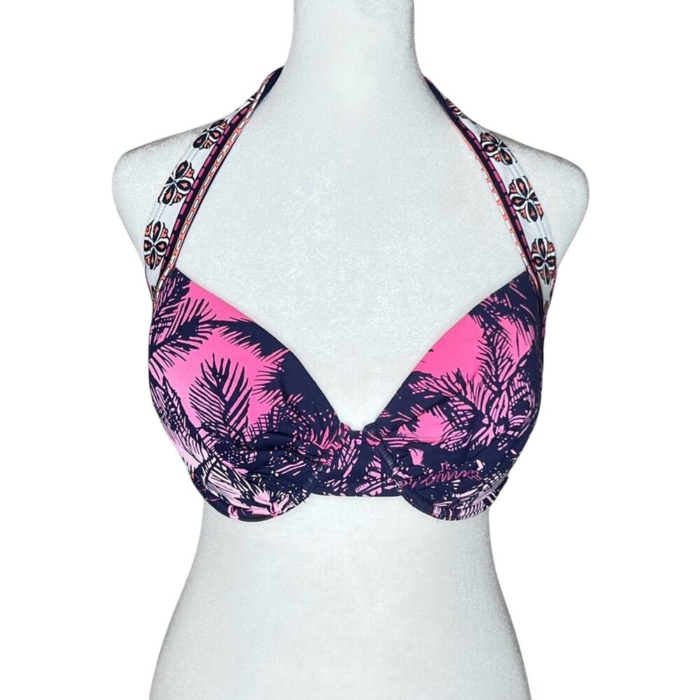 Tommy Bahama Bikini Halter Swim Top Size 36D Tropical Navy Pink Underwire Cup